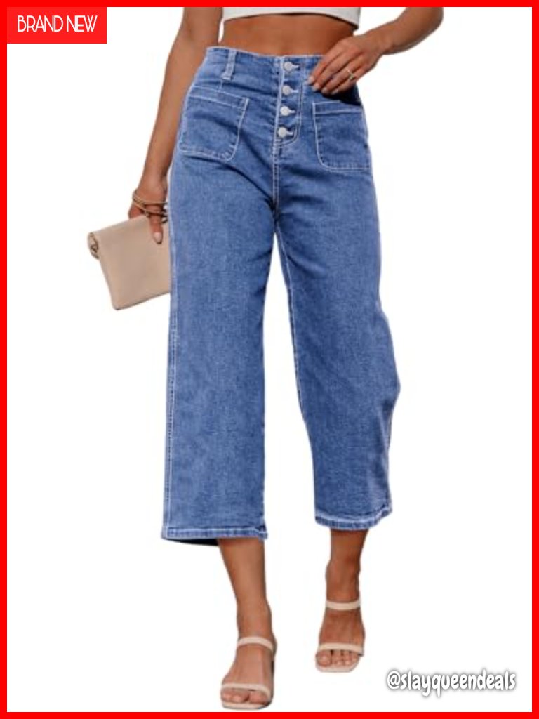 Women's High Waisted Wide Leg Capri Jeans Stretchy Pull On Tummy Control